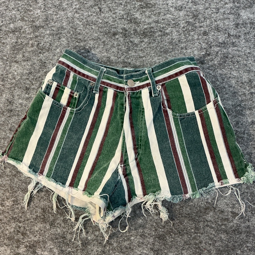 Nada Nuff Retro 90s Rasta  Striped Green White Burgundy High-Rise Denim Shorts 3